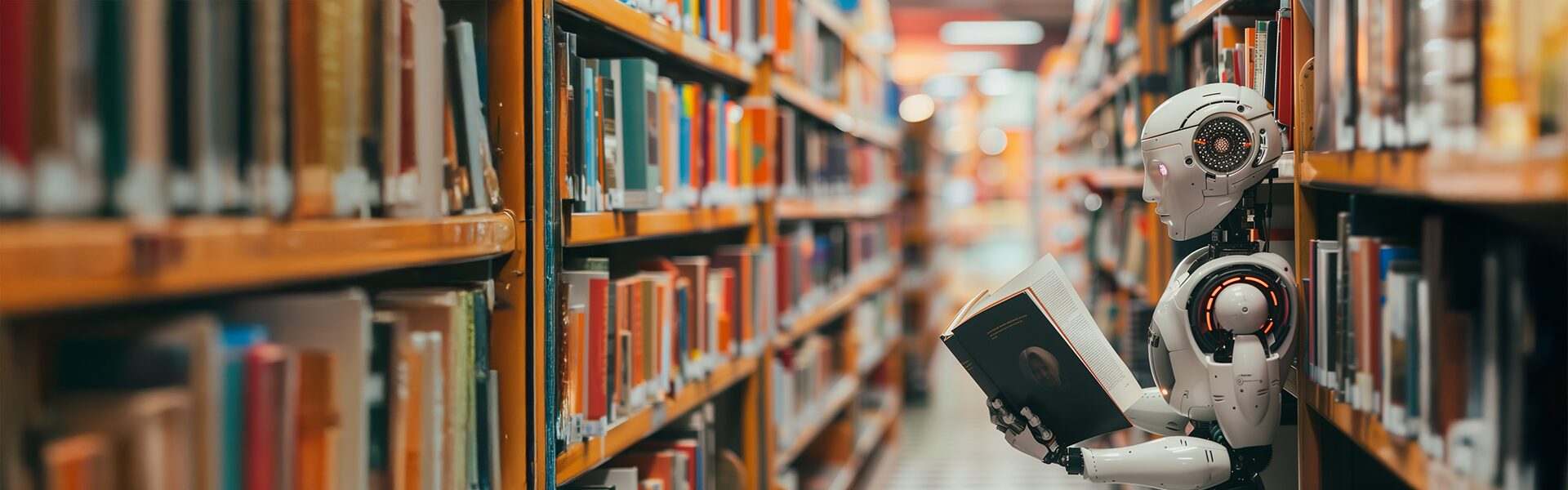 Billede af robot der læser bog på bibliotek